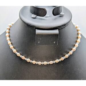 Pale Pink Freshwater Pearl Bicone Crystal Beaded 925 Sterling Silver Necklace